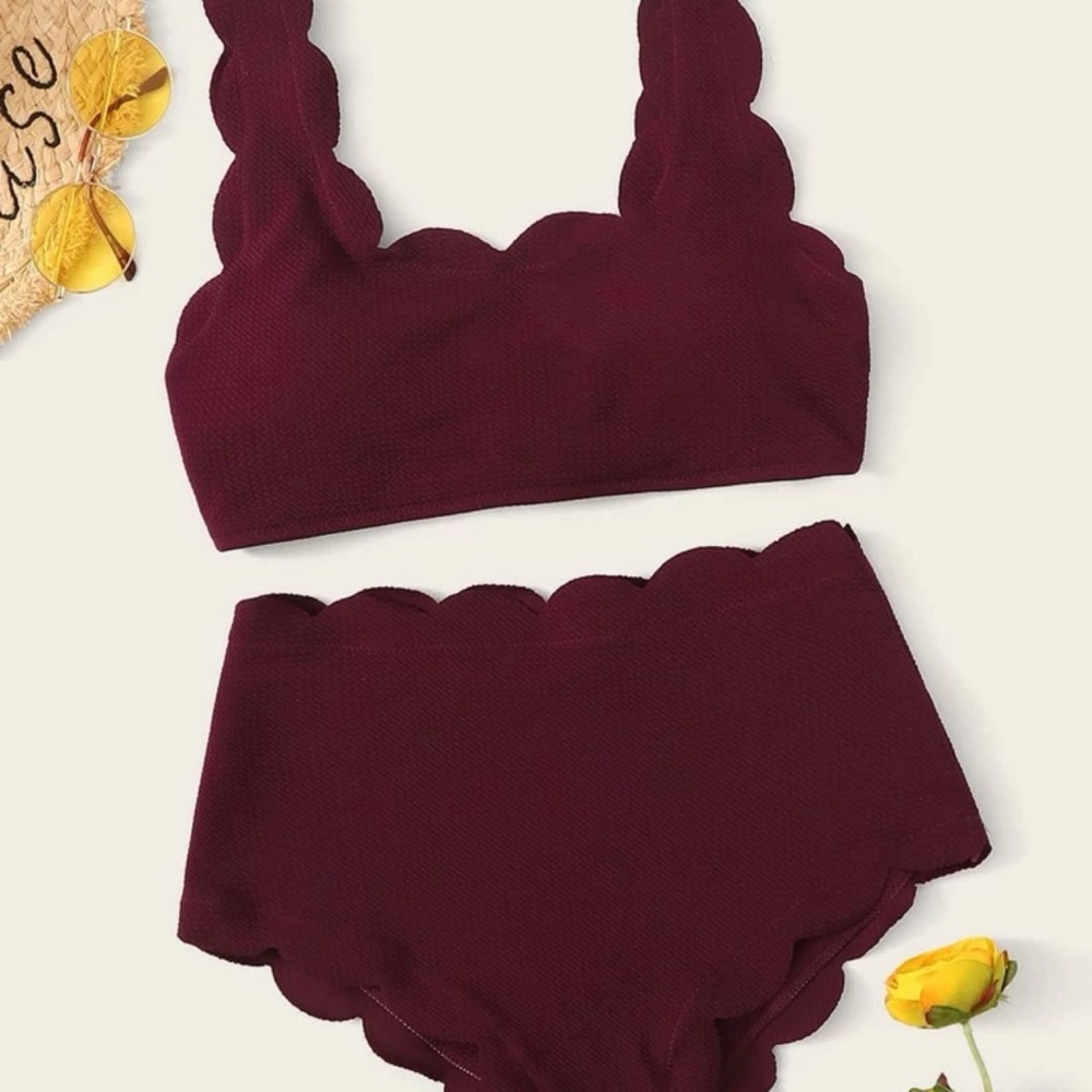 Scallop Trim High Waisted Textured Bikini